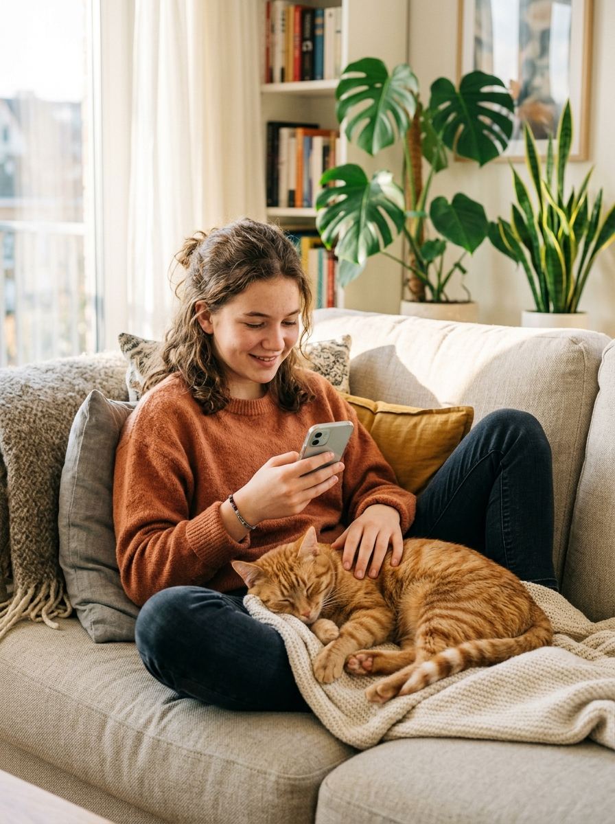 A teenage girl with a ginger cat on her lap looks at her phone